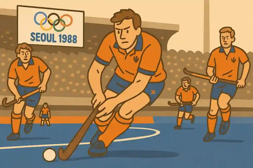 Nederlands hockeyteam in actie tijdens Olympische Spelen Seoul 1988 op kunstgras