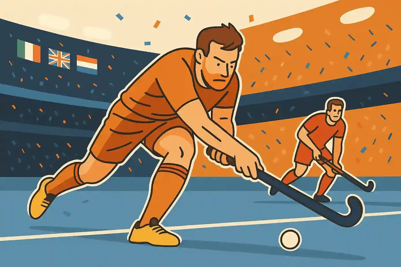 Spannende actie tijdens een olympische hockeywedstrijd met Nederlandse spelers in oranje shirts op blauw kunstgras