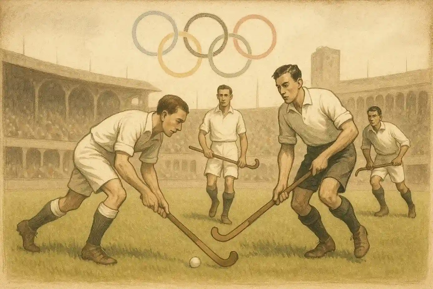 Historische illustratie van vroege olympische hockey wedstrijden uit de jaren 1920-1930, spelers in klassieke witte uniformen op grasveld