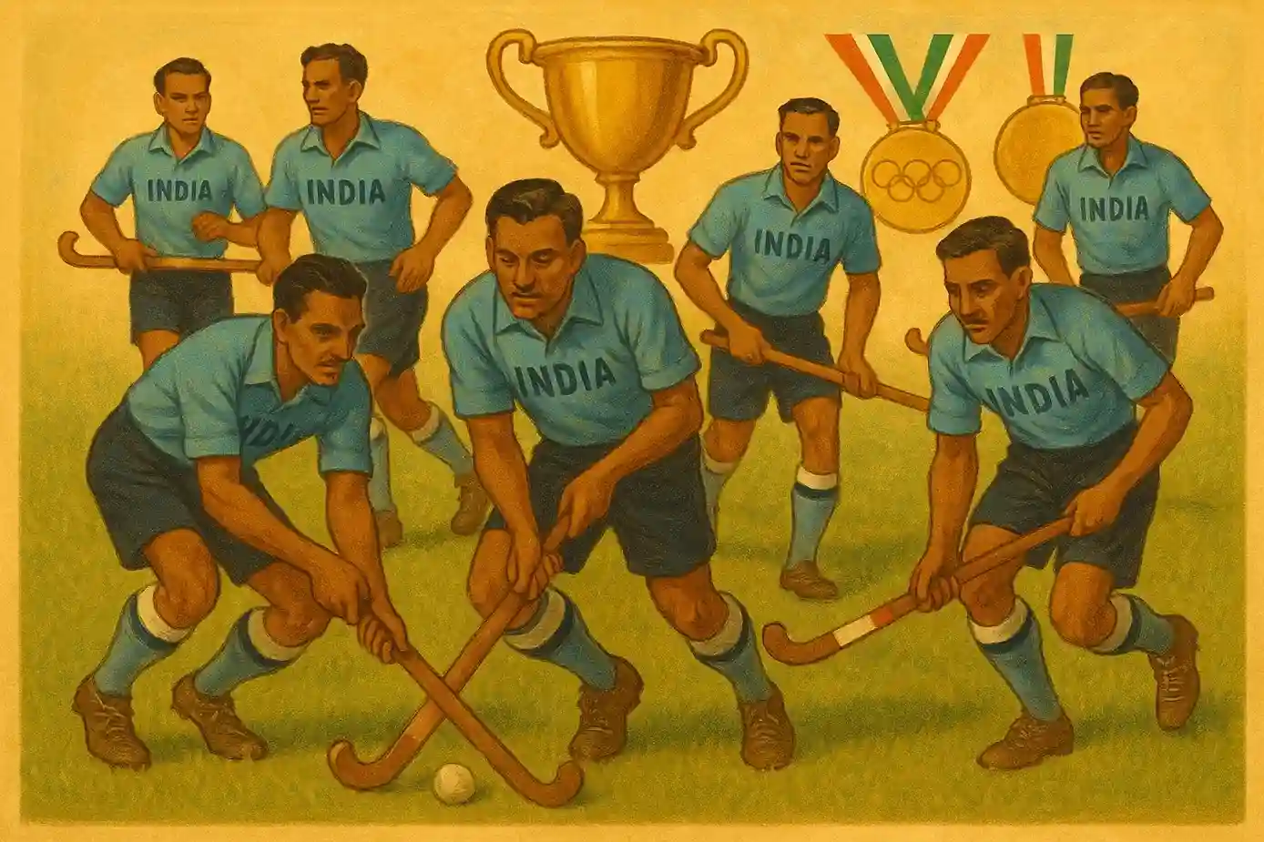 Artistieke eerbetoon aan de Indiase hockeylegenden uit het gouden tijdperk 1928-1956, klassieke spelers in blauwe shirts met olympische medailles