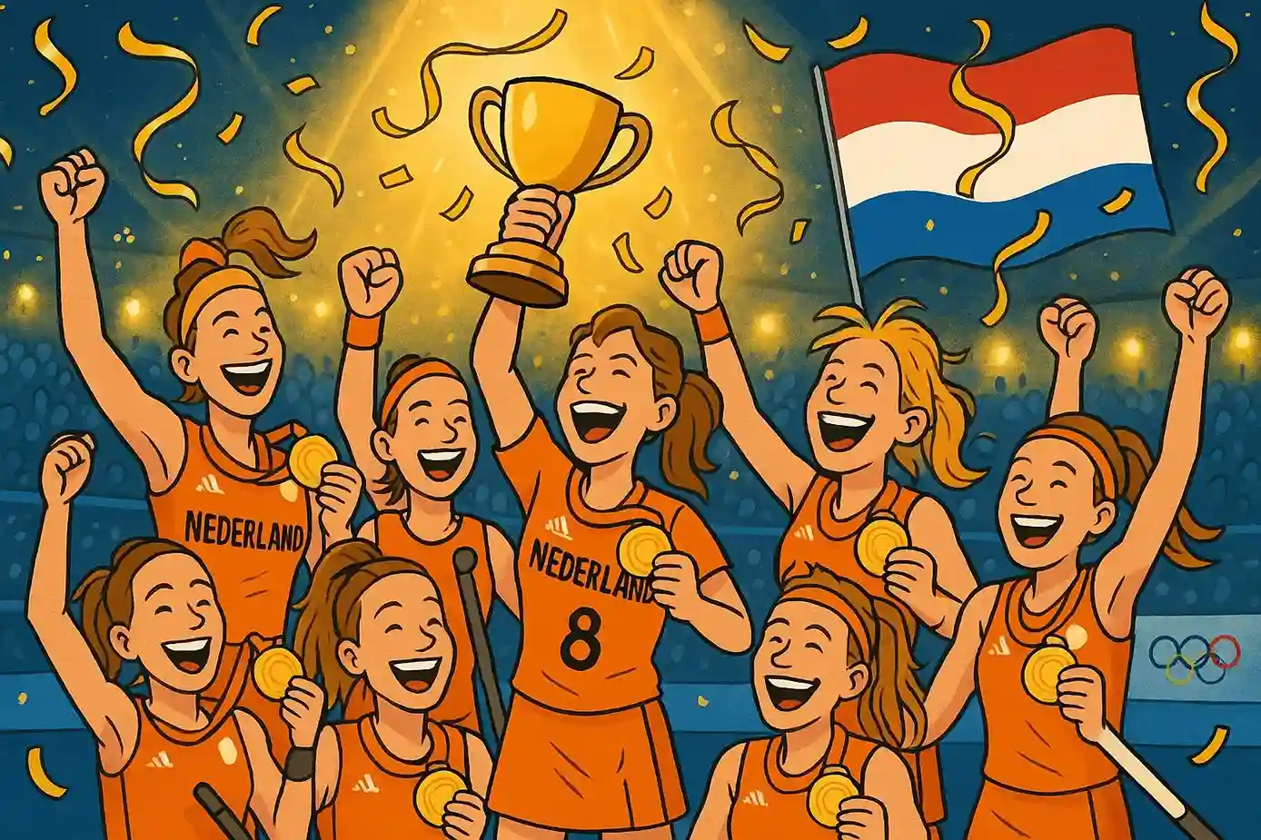 Nederlands hockeyteam viert olympische gouden medaille met confetti en vreugde, spelers in oranje shirts op het podium