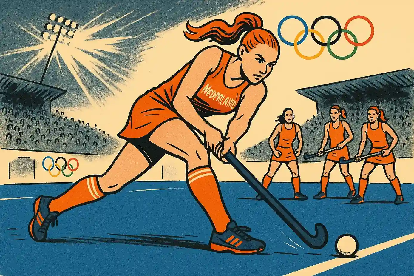 Nederlandse hockeydames in actie tijdens olympische wedstrijd, speelster in oranje shirt neemt strafcorner op blauw kunstgras