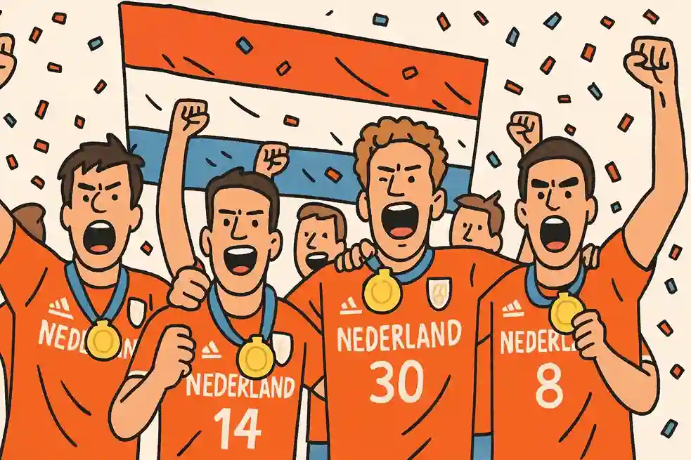 Nederlands hockeyteam viert olympische gouden medaille met oranje shirts en confetti