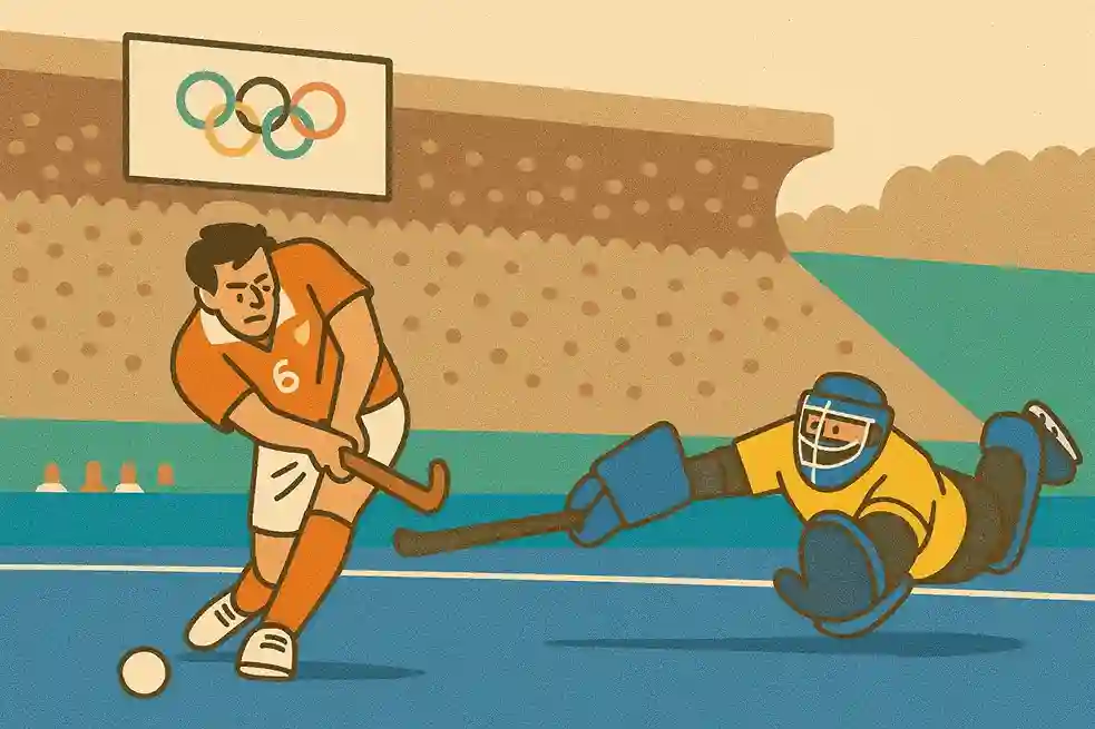 Nederlandse strafcorner specialist schiet op doel tijdens olympische finale jaren negentig