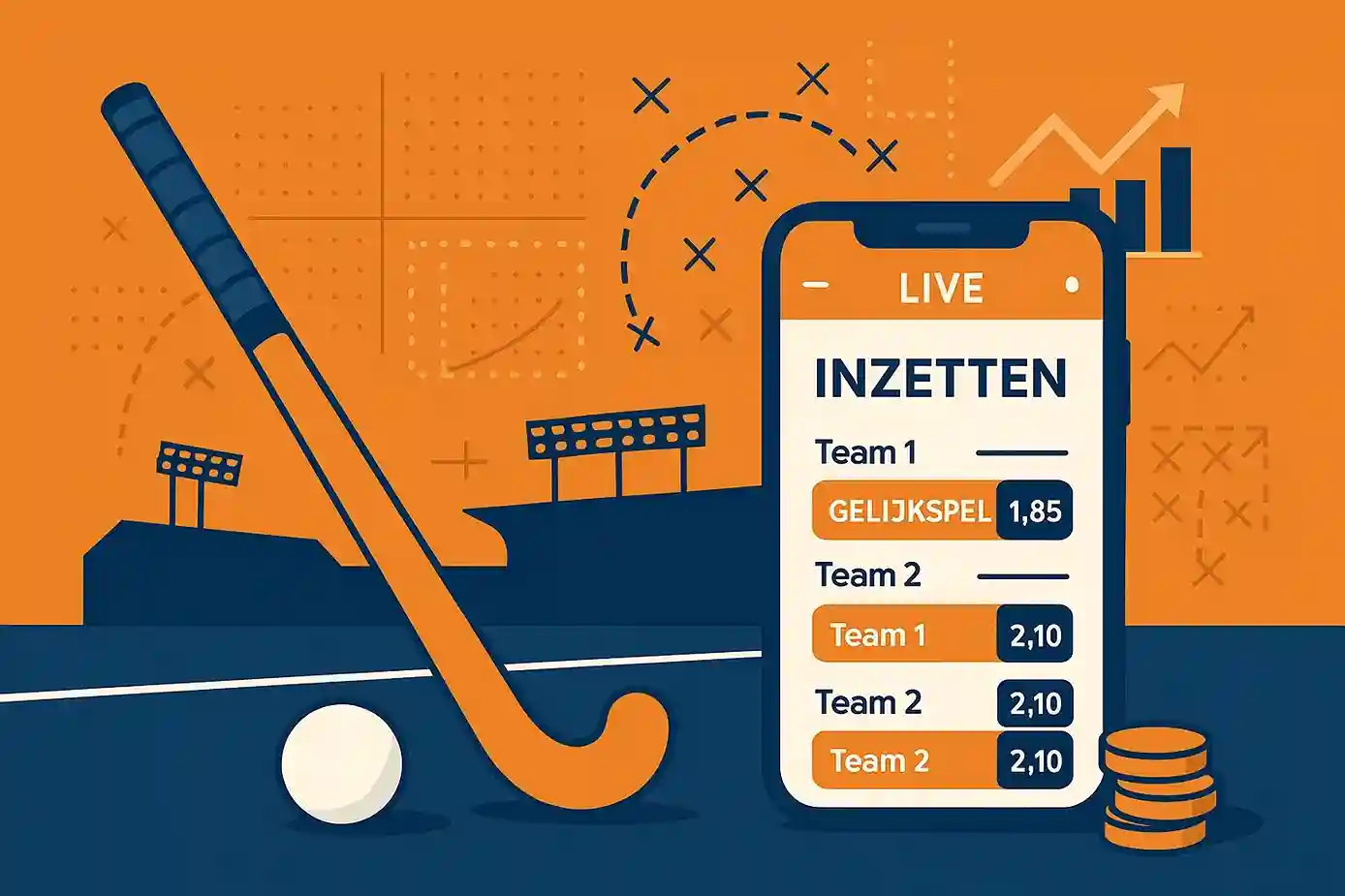 Modern sportweddenschappen concept voor hockey met odds display, hockeystick en bal, strategische analyse visualisatie